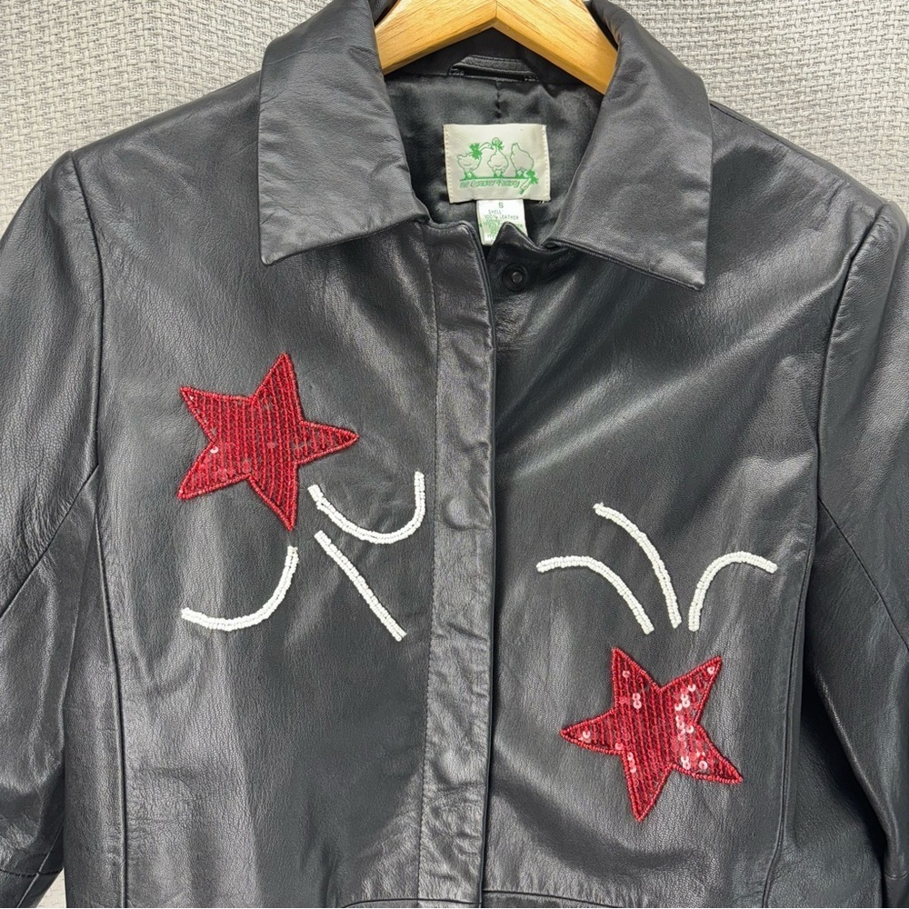 Vtg Quacker Factory USA Flag Sequined 100% Leather Jacket Women Sz S Patriotic - Picture 3 of 6